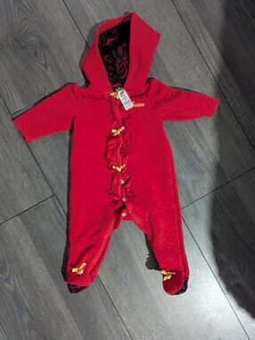 Guess Red Hooded Ruffle Footed Baby One-Piece